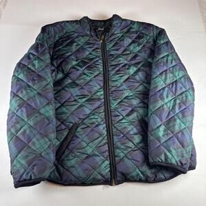 Plaid Quilted Puffer Jacket XL Green Navy Lightweight Fall Layer Y2K Preppy